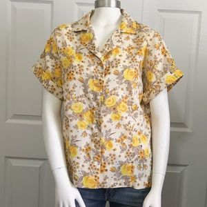 Vintage Yellow Floral Collared Cuff Sleeve Blouse